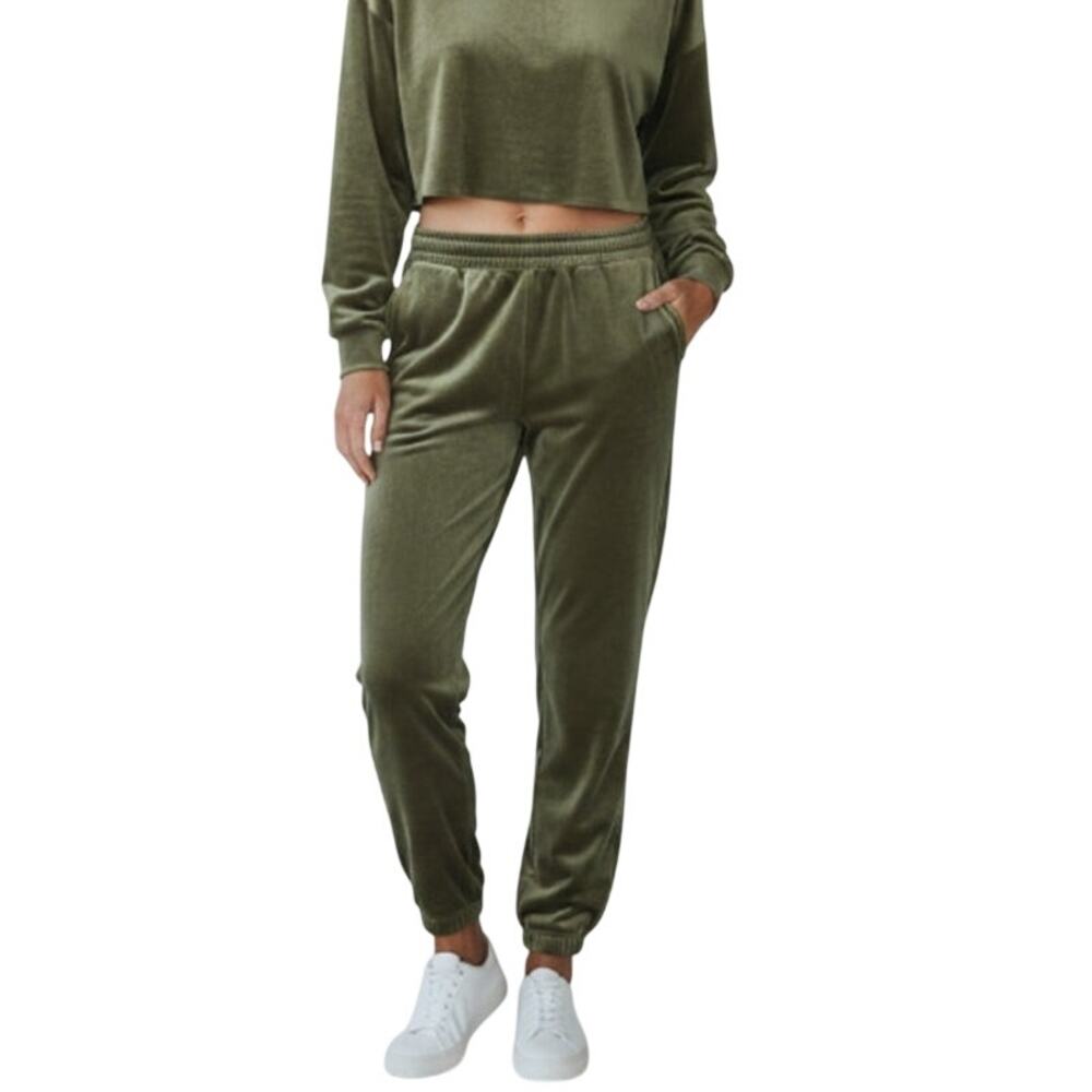 ARAMINTA JAMES Velour Trackiepant Women 10/M Khaki Stylish Travel Loungewear NWT